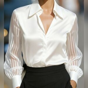 Ivory Button-Front Blouse with Sheer Stripe Sleeves